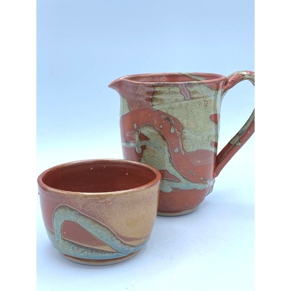 Hand Made Pottery Art Large Mug Pitcher With Small Matching Bowl /Cup - Picture 1 of 10